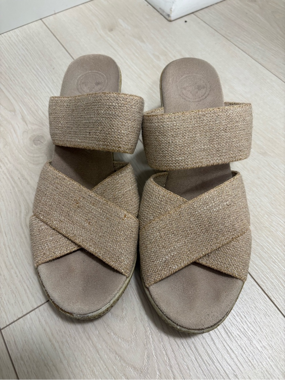 Charleston Shoe Co. Crisscross Slide Sandals in Beige